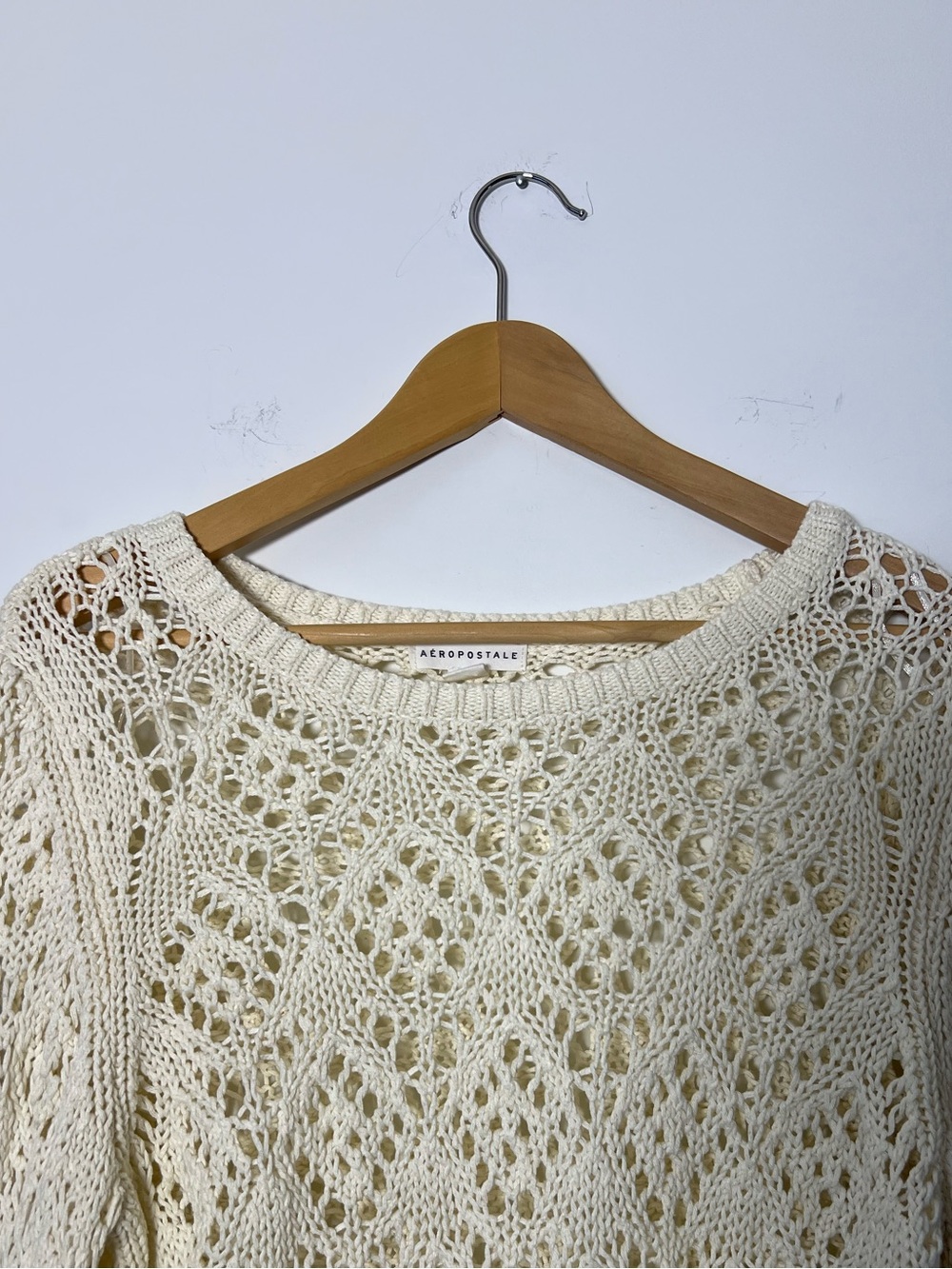 Aeropostale Cream Openwork Crochet Pullover Knit Sweater Boho Beachy Festival - Picture 3 of 14